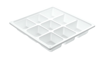 Isometric view of an empty, square, plastic ice tray with nine equally sized cubbies