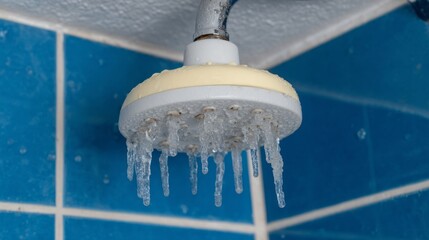 Icy shower head stalactites gleam, evoking Winter Solstice chills, Nordic frost rituals, frozen aquatics aesthetic, surreal home spa