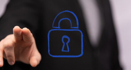 Human hand interacts with a glowing blue padlock icon, symbolizing advanced digital security, data protection, and online privacy in a virtual e