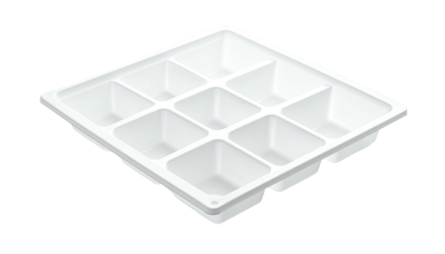 Isometric view of an empty, square, plastic ice tray with nine equally sized cubbies
