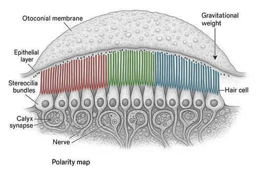 Detailed illustration of the otolithic membrane and hair cells in the inner ear, depicting stereocilia bundles and nerve connections for gravity sensing and balance.