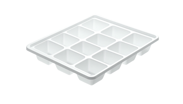 A rectangular, white plastic tray with twelve square compartments. It sits on a black backdrop