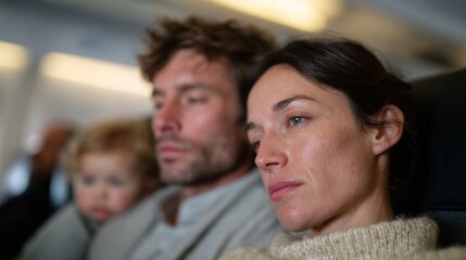 A pensive Caucasian family, weary travelers on a transatlantic flight, reflecting the solemnity of Sunyata and World Sleep Day