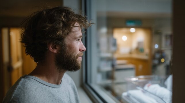 A contemplative Caucasian man gazes at a newborn through glass, evoking Father's Day introspection and Diwali night reflections