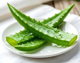 aloe vera  fresh leaves with drops laying on white plate. Reference for design