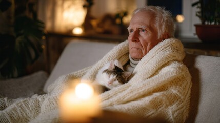 An elderly Caucasian man cocooned in a knitted shawl cradles a cat, embodying candlelit solace, National Hug Day warmth