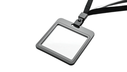 Square, clear ID holder with black lanyard and clasp, isolated on black