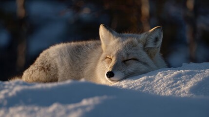 Fototapeta premium Arctic fox slumbers on glistening snow, embodying winter solstice serenity, meditative peace, and the mystical Yule spirit