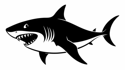 Obraz premium Vector illustration of a striking black silhouette of a shark with its jaws agape, revealing rows of sharp teeth, set against a clean, symbolizing a fierce predator of the deep sea