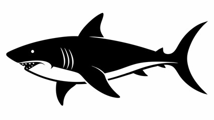 Obraz premium Vector illustration of a black silhouette of a great white shark with its mouth open, isolated on a, showcasing its sharp teeth and powerful fins, representing danger and the ocean