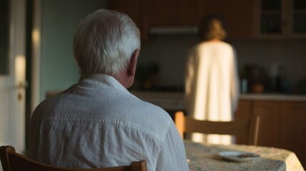 Elderly man with snowy hair watches silhouette of woman in morning light, poignant memories, Grandparents' Day, contemplative solitude