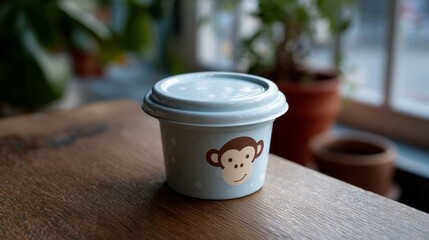 Whimsical monkey-print coffee cup, cozy morning brew, quirky cafe vibe, International Coffee Day, embracing Simian Sunday charm