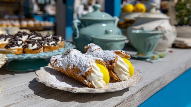 Crunchy cannoli nestled on rustic table, sugared spears of temptation, Italian Festa della Sensa, indulgent pastry bliss