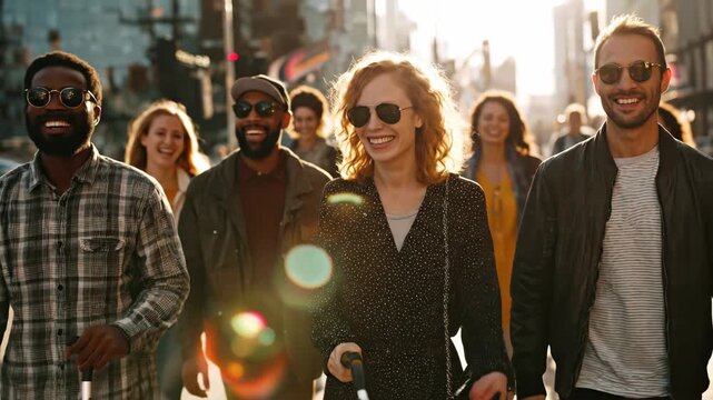 A group of blind people walks together down the street with the help of canes. The moment highlights inclusion, independence, and collective support.