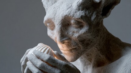 Ethereal stone figure cradles glowing shell, whispering secrets of moonlit lore, All Hallows' Eve, eldritch contemplation