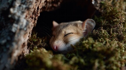 Hibernating dormouse cocooned in serene moss, whispers ancient tales of Imbolc warmth, forest's ethereal quilted dreams