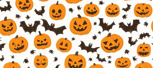 Halloween Pattern with Playful Pumpkins and Eerie Bats for a Spooky Decorative Background Design