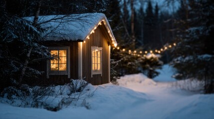 Cozy cabin twinkling in snow-clad forest, embracing Yule's mystical warmth, Nordic folklore whispers through evergreen shadows