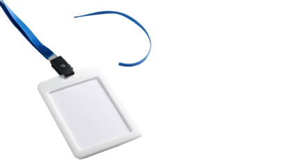 A white ID badge with blue lanyard and a black background