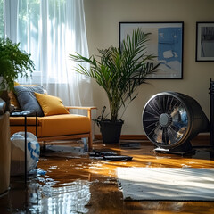 Water damage in living room with fan drying the floor