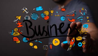 Hand touching a virtual screen filled with business ideas, growth charts, and collaborative icons. Perfect for corporate development, strategy,