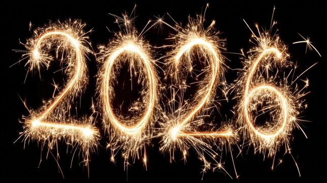 Sparkling Light Painted Number 2026 Festive Celebration Isolated on Black Background. Ai Generated Images