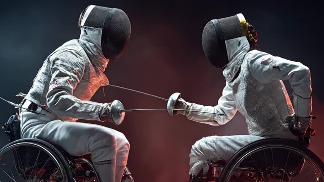 Two Paralympic athletes in wheelchairs compete in an intense fencing match. The scene shows focus, speed, and inspiring athletic determination.