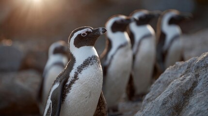 Penguins huddle like tuxedoed philosophers under a dawn tableau, evoking World Animal Day and whimsical Antarctic storytelling
