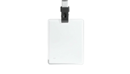 A blank, white rectangular ID badge with clip, hanging against a stark black backdrop