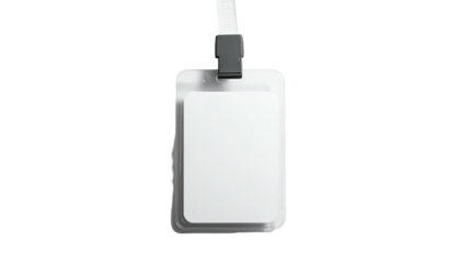 A layered rectangular white ID badge with a lanyard attached, isolated on black