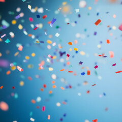Colorful confetti falling and swirling against a soft blue background