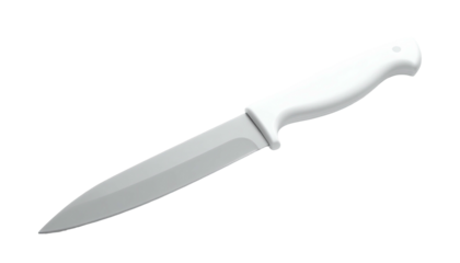 A white-handled knife with a silver blade on a stark black background