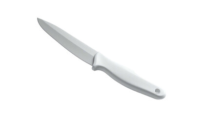 A clean, white, single-piece kitchen knife with a sharp blade against black
