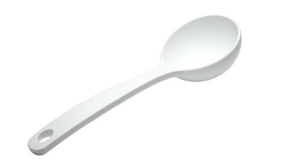A white, clean, plastic spoon isolated against a stark black background
