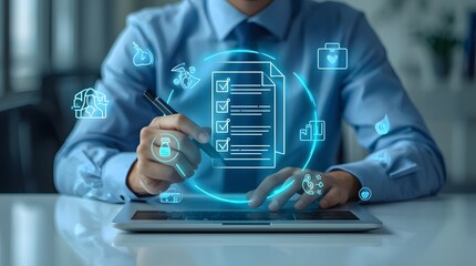 Digital Document Management, Office Setting, Infographic Visualization, Professional Environment