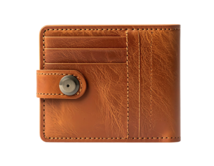Tan leather bifold wallet with snap closure