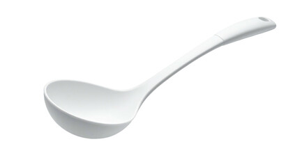 A white ladle with a curved handle, isolated on a black background