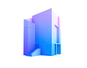 Geometric architectural design with a blue-purple gradient and a staircase