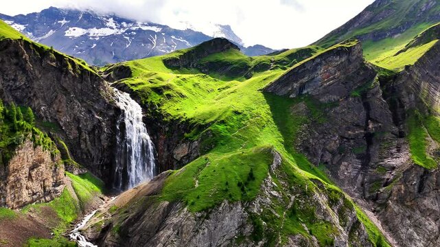 Engstligenfalle waterfall tumbles vigorously down rocky cliffs, nestled among verdant mountain slopes with distant snow covered peaks of Swiss Alps, Adelboden, Switzerland, wide orbiting drone shot