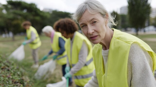 Elderly Caucasian woman leads enthusiastic clean-up crew, celebrating National Cleanup Day with eco-warrior zeal, vibrant community reconnect
