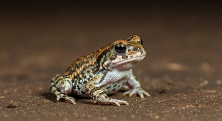 Obraz premium Detailed close-up of a poised toad ready to hop on earthy surface