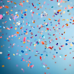Colorful confetti falling against a soft blue gradient background