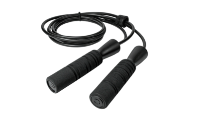 Black jump rope with textured handles and coiled cable, set against black backdrop