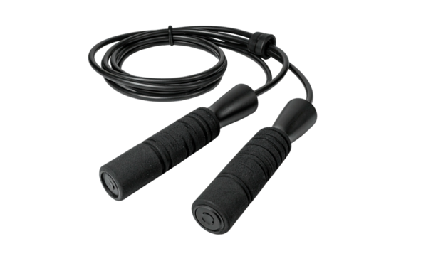 Black jump rope with textured handles and coiled cable, set against black backdrop