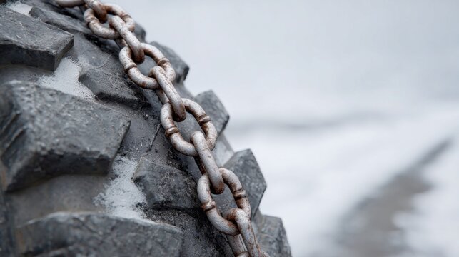 Rust-kissed chains embrace sturdy snow tire, echoing the rugged embrace of winter, Iditarod dreams, and fossiliferous adventures