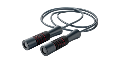 Gray jump rope with black handles and red details against a black background