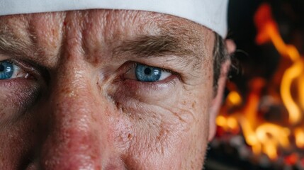 Inferno-eyed chef, rugged Caucasian man, flame-kissed mastery, sizzles creativity; evokes Takanakuy festival spirit and gastronomic adventures