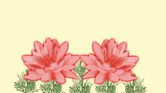 draw set of five red flower decorate with green grass and colourful butterfly in square shape on light yellow screen background
