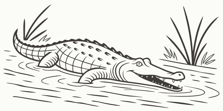 Vector illustration of a crocodile lying partially in water on a riverbank. Include realistic scales, rippling water, subtle vegetation, minimal distractions, clean wildlife composition. - Powered by Adobe