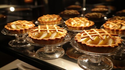 Pastry lattice fruit tarts decorative woven pattern glass pedestals upscale dining display counter professional kitchen lighting showcase